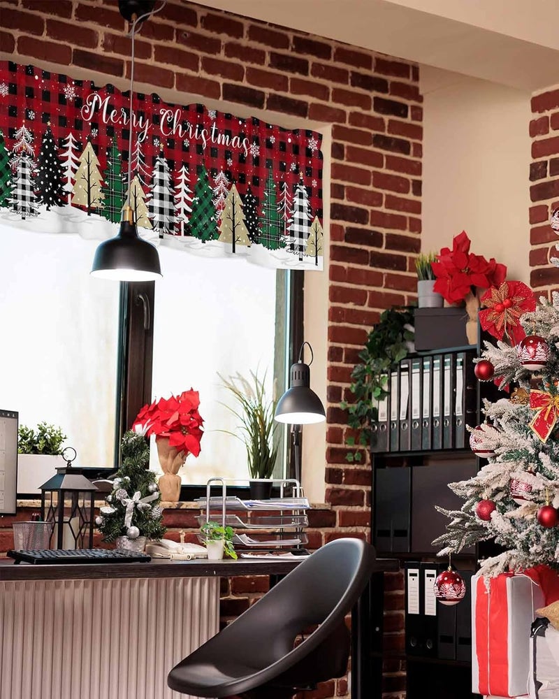 LooPoP Christmas Valance for Windows Merry Christmas Tree Curtains Valances Rod Pocket Valance Window Treatments Buffalo Plaid Short Curtains for Kitchen Living Room Bedroom Xmas Holiday 1 Panel 42x12 - Image 4